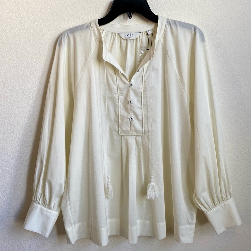 New! JOIE Dracha Tie Neck Gathered Breezy Cotton Blouse- Porcelain White- Large
